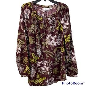 Denim and Company Blouse Floral Long Sleeve Like New 1X Brown Green White